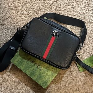 Gucci Black Leather Crossbody with Red and Green Web Stripe